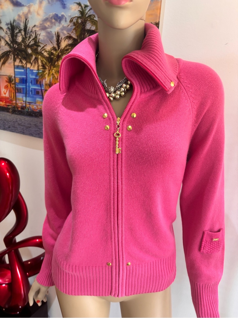 St. John Hot Pink Zip-Front 100% cashmere Cardigan with Gold Hardware S - Picture 3 of 5
